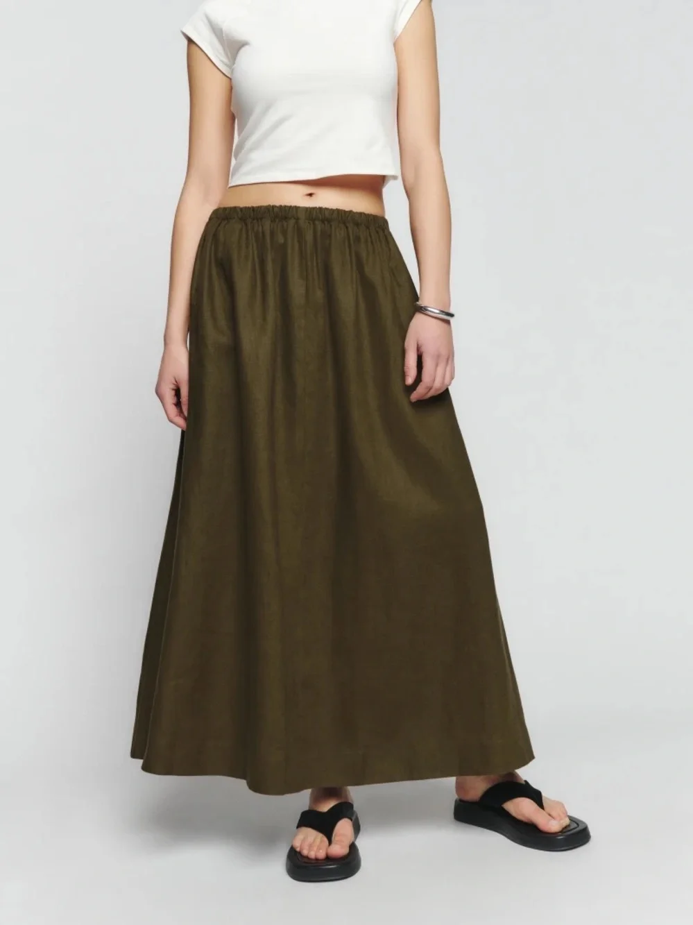 Reformation Olive Green Linen Maxi Skirt